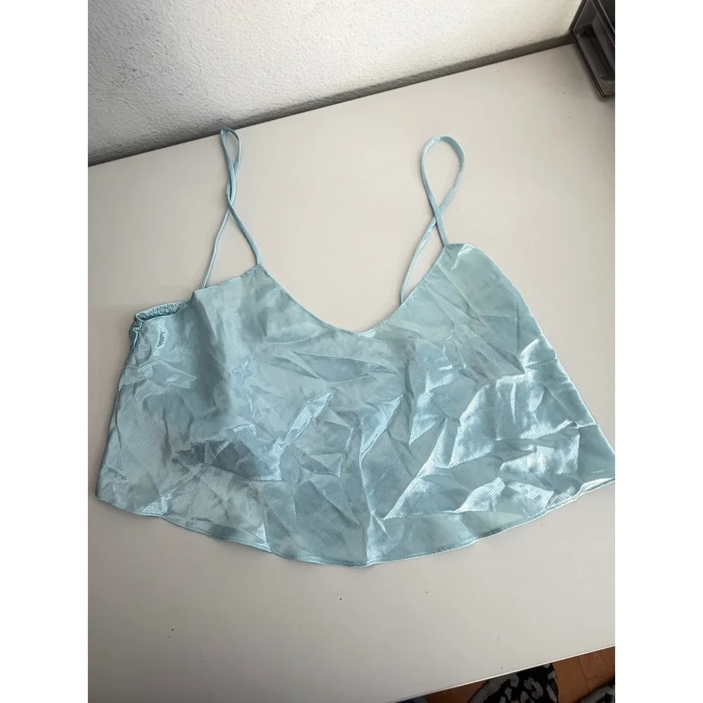 Vintage National Corset Lingerie Set Blue Satin Camisole Tap Shorts USA Made M
